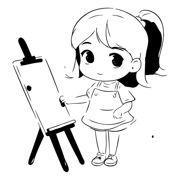 Vector cute little girl painting a picture on easel