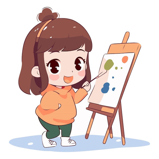 Cute little girl painting a picture on easel