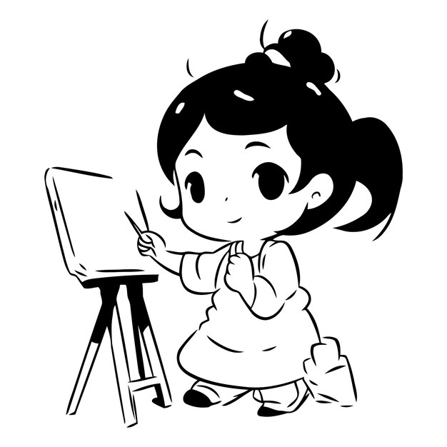 Vector cute little girl painting a picture on easel