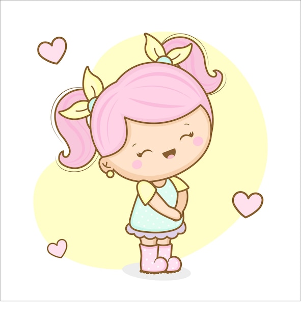 귀여운 소녀 핑크 머리 미소 사탕 색상 Illustrantion Kawaii