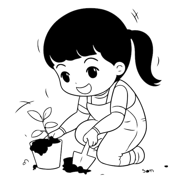 Cute little girl planting tree in the garden
