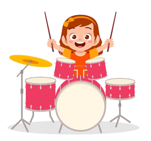 Vector cute little girl play drum in concert