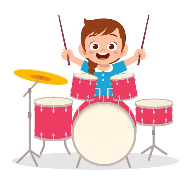 Vector cute little girl play drum in concert