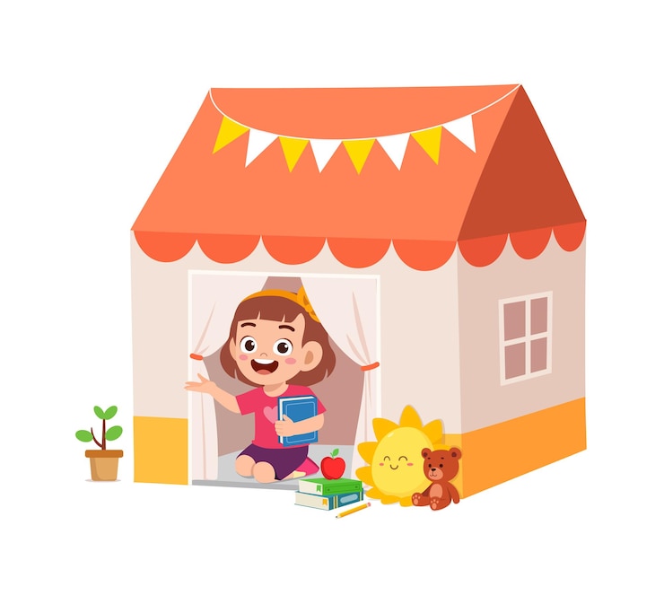 Vector cute little girl play inside small tent