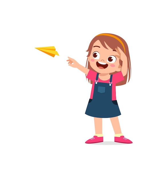 Cute little girl play paper plane and feel happy