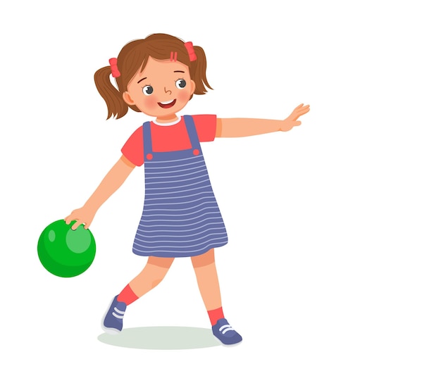 Cute little girl playing bowling in the sport club ready to throw the ball