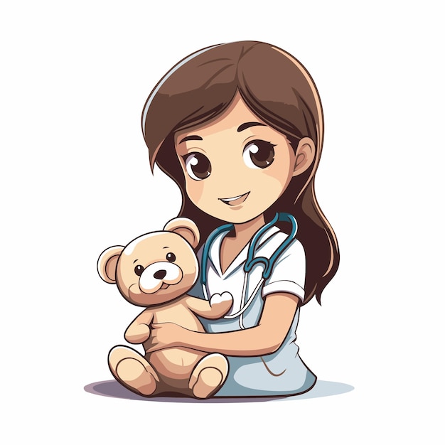 Cute little girl playing doctor with teddy bear cartoon vector illustration graphic design