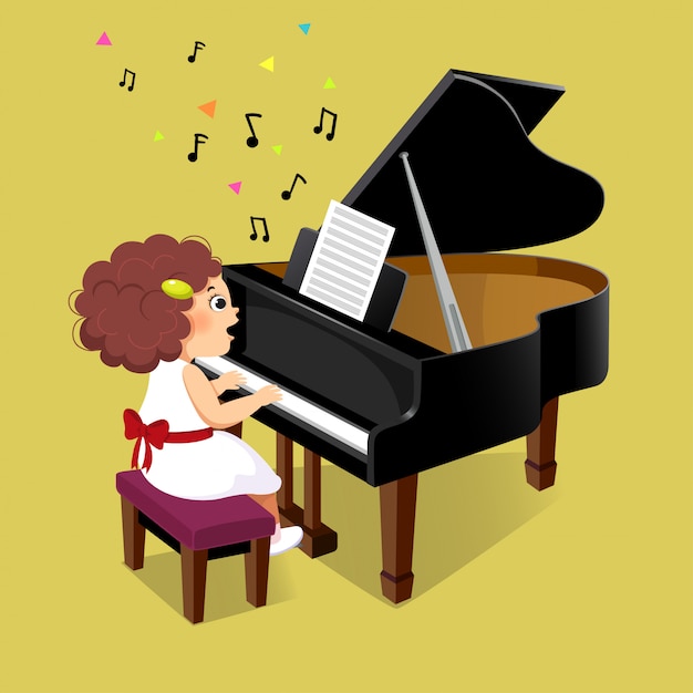 Vector cute little girl playing the grand piano