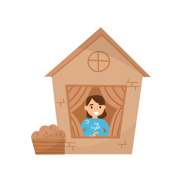 Cute little girl playing in house made of cardboard boxes Child sitting in playhouse Leisure time Flat vector design