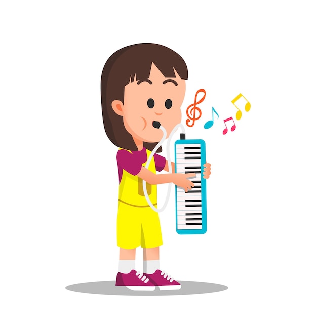 A cute little girl playing melodica instrument