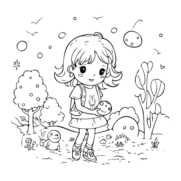 Cute little girl playing with her dog in the park Coloring book for kids