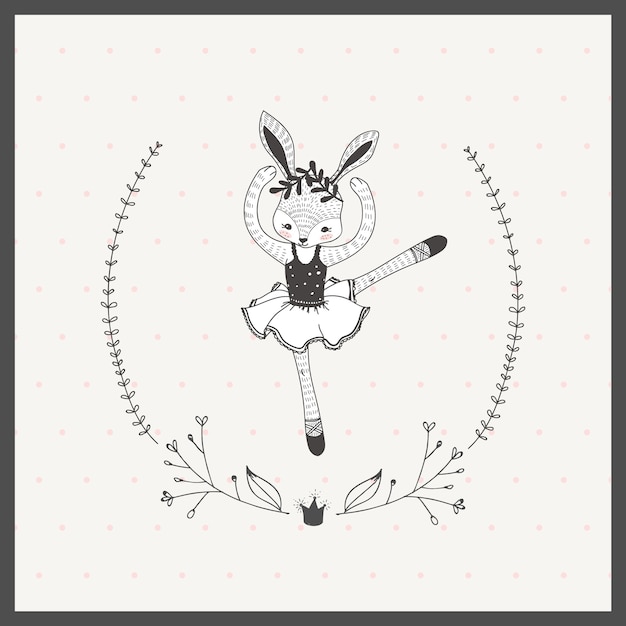 Stile di doodle disegnato a mano sveglio del fumetto della ballerina del coniglio della bambina