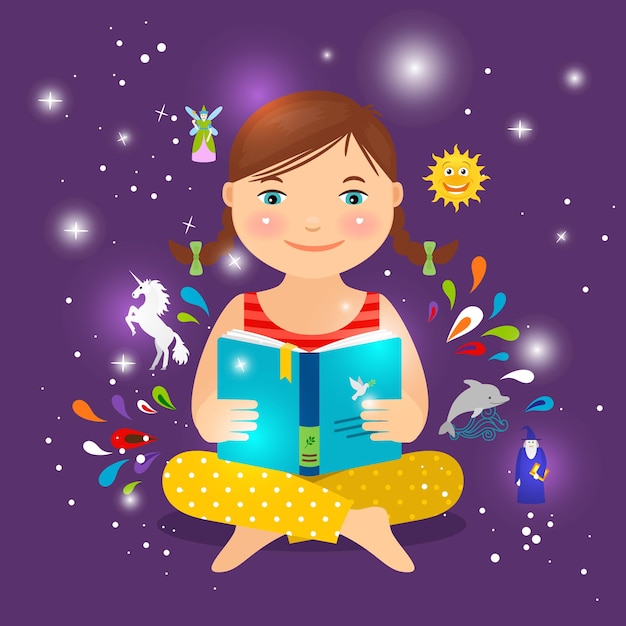 Bambina carina che legge un libro sulla magia, l'unicorno e l'illustrazione delle fate