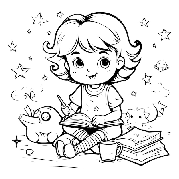 Милая девочка читает книгу Черно-белая векторная иллюстрация для раскрашивания книги