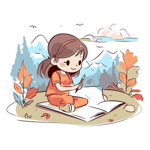 공원에서 책을 읽는 귀여운 어린 소녀