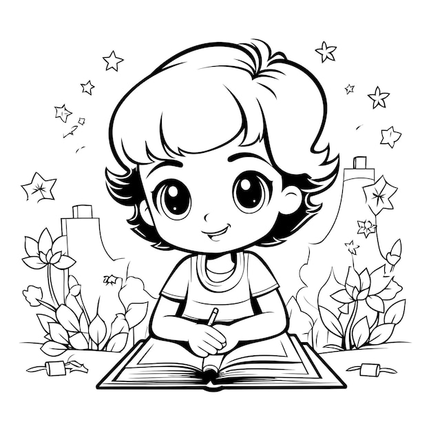 Vettore piccola ragazza carina che legge un libro illustrazione vettoriale per il libro da colorare