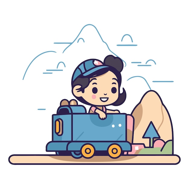 벡터 길에서 장난감 열차를 타고 있는 귀여운 어린 소녀