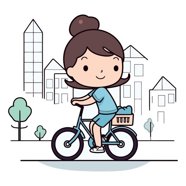 街で自転車に乗っている可愛い女の子ベクトルイラストグラフィックデザイン