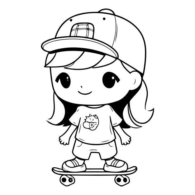 Una bambina carina che cavalca uno skateboard illustrazione vettoriale di cartoni animati