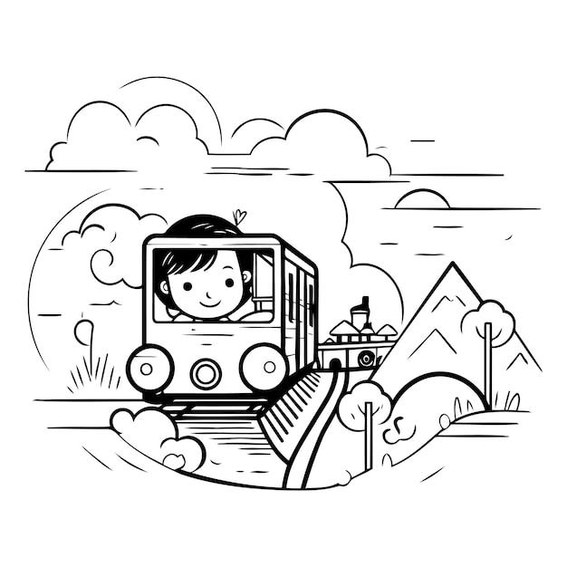 Vector cute little girl riding on the train in thin line style