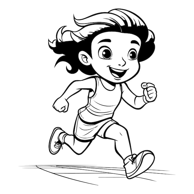 Vector cute little girl running black and white vector cartoon illustration