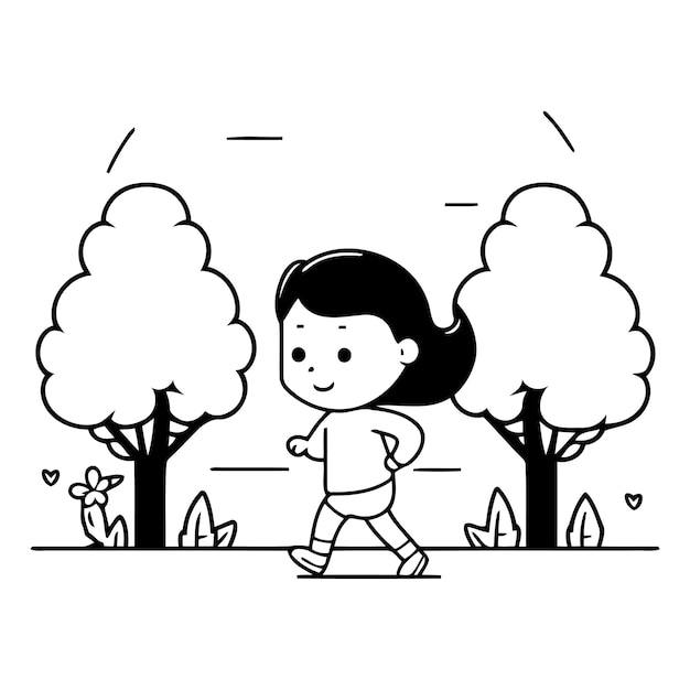 Vector cute little girl running in the park in cartoon style