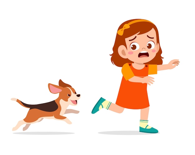 Cute little girl scared because chased by bad dog