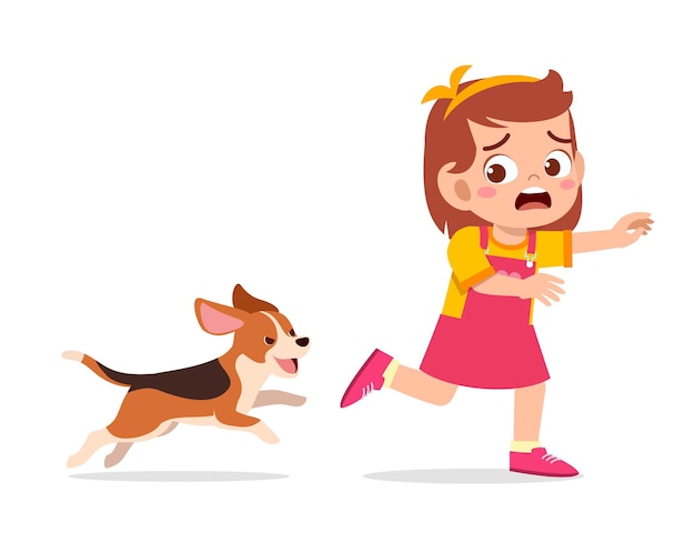 Vector cute little girl scared because chased by bad dog