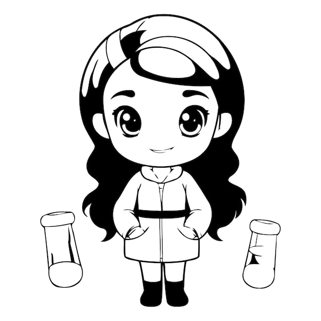 실험실 코트를 입은 귀여운 어린 소녀 과학자 만화 캐릭터 터 일러스트레이션