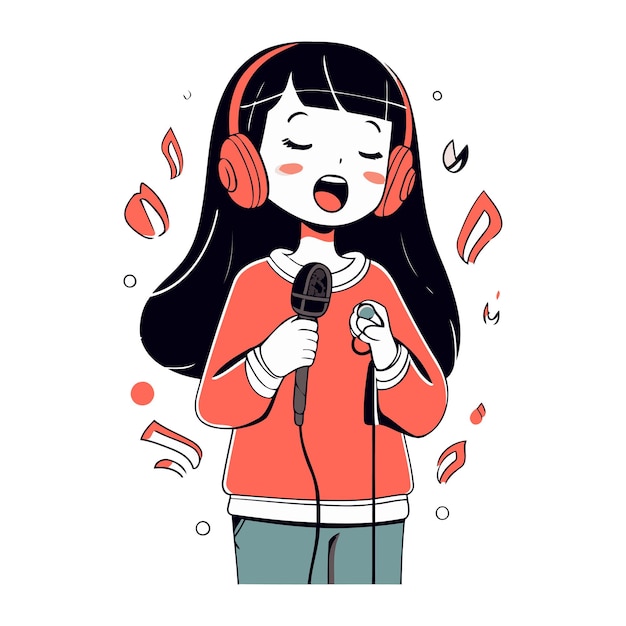 Vector cute little girl singing karaoke in headphones vector illustration