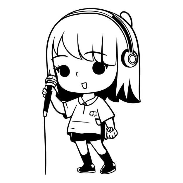 Vector cute little girl singing karaoke with headphones