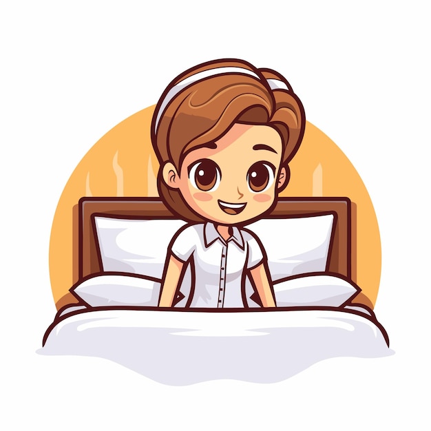 Cute little girl sitting in bed and smiling Vector illustration