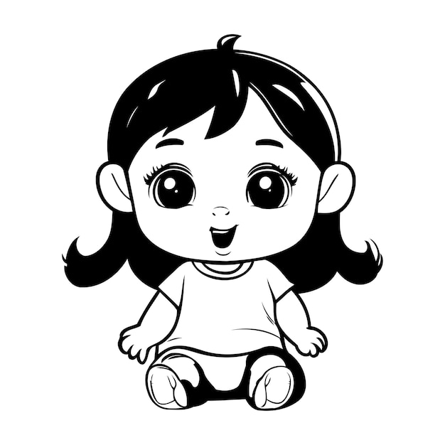 Vector cute little girl sitting cartoon vector illustration graphic design monochrome