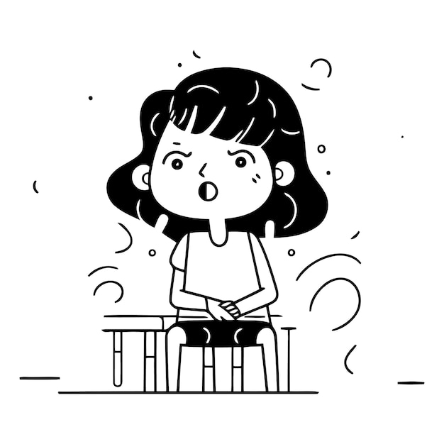 Vector cute little girl sitting on a chair and crying