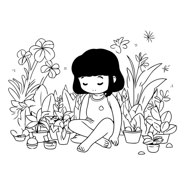 Vector cute little girl sitting on the floor with houseplants