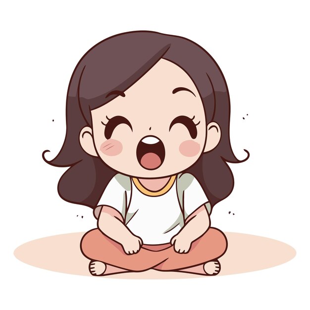 Vector cute little girl sitting on the floor and yawning vector design