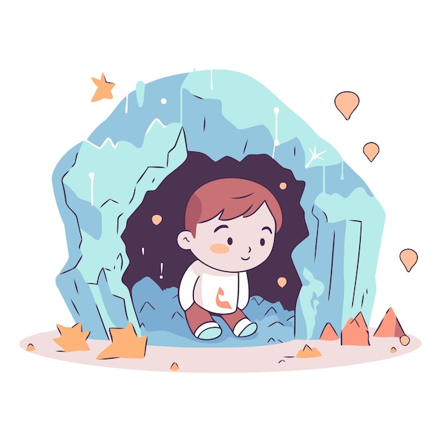 Cute little girl sitting on the ground in a cave