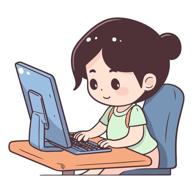 ベクトル 椅子に座ってコンピューターで働いているかわいい小さな女の子