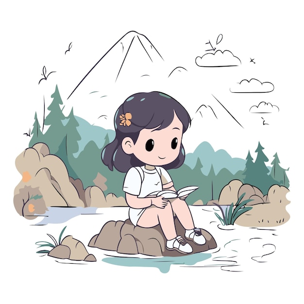 Cute little girl sitting on a rock and reading a book