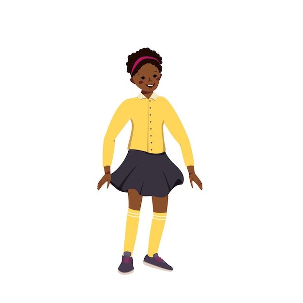 A cute little girl in a skirt and shirt with dark skin and black curly hair. happy smiling african american kid. teenager with face and eyes. world children day. vector illustration