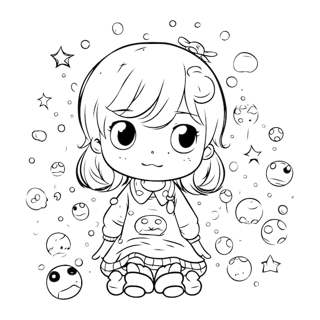 Cute little girl in space Vector illustration for coloring book