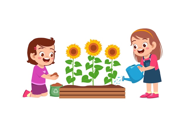 Vector cute little girl stand and watering sun flower