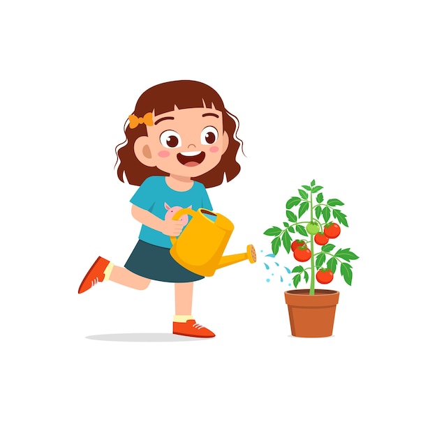 Милая маленькая девочка стоит и поливает томатное дерево