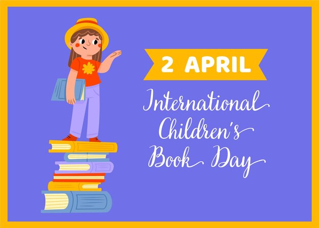 Cute little girl standing on stack of books measuring, .International Children's Book Day. April 2.