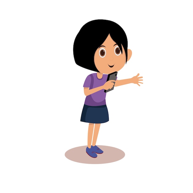 Cute Little Girl Standing With Holding Phone In Hand, Girl Cartoon Character Vector Illustration