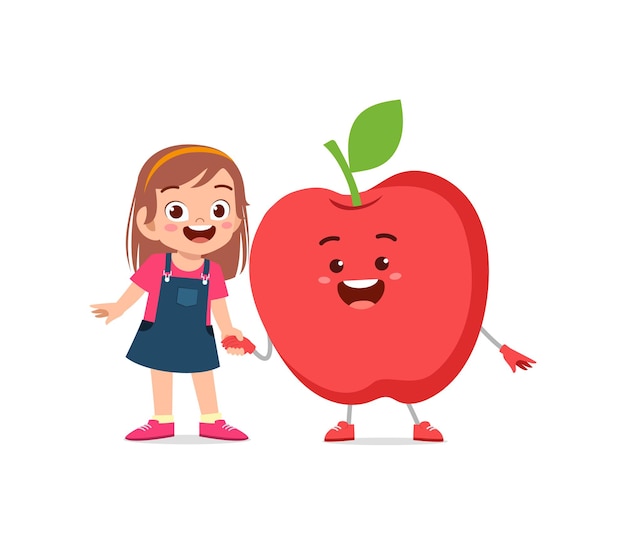 귀여운 소녀는 사과 캐릭터와 함께 서 있다