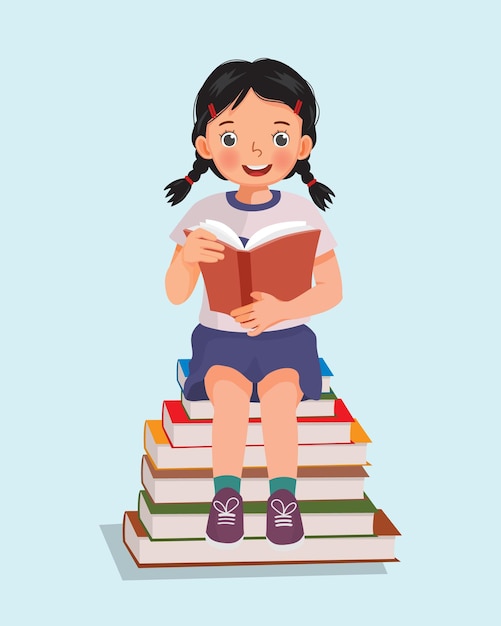 cute little girl student sitting on stack of books reading