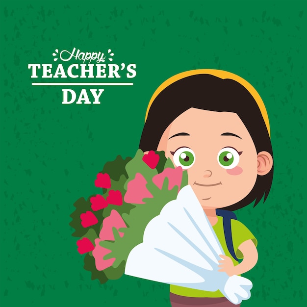 Cute little girl student with flowers bouquet and teachers day lettering