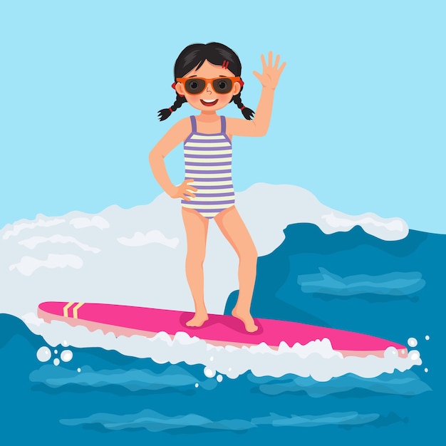 Cute little girl surfer with sunglasses waving hand riding on surfboard on sea wave in summertime