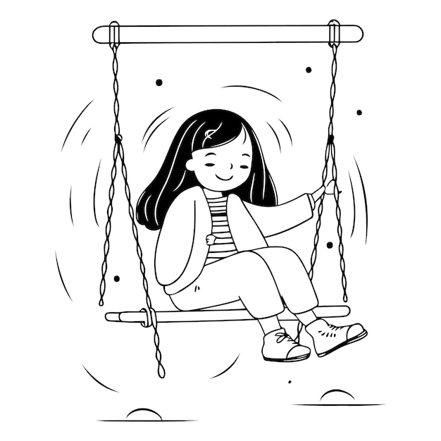 Vector cute little girl swinging on a swing in cartoon style